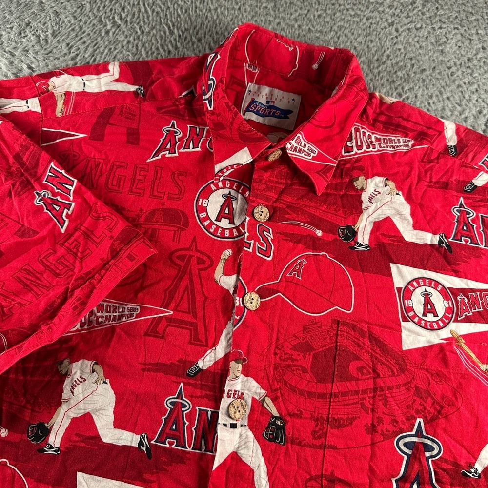 Reyn Spooner Los Angeles Angels MLB Hawaiian Shirt Mens L Red 2002 World Champs
